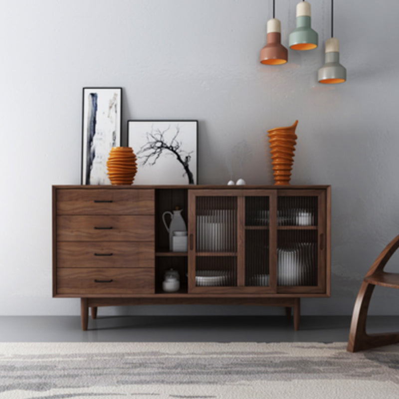 Wooden Storage Sideboard Modern Home Sideboard with Drawers and Sliding Door Walnut Clearhalo 'buffet_sideboard' 'Buffets & Sideboards' 'furn' 'furn_buffet_sideboard' 'Furniture' 'Kitchen & Dining Furniture' 6156947