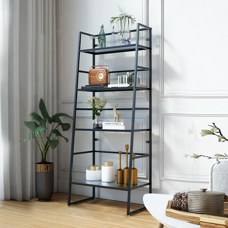 Modern Bookshelf Ladder Metal Open Back Shelf Bookcase with Shelves for Living Room 23.6"L x 13.8"W x 58.3"H Black Clearhalo 'Bookcases' 'furn' 'furn_bookcases' 'Furniture' 'Office Furniture' 6157473