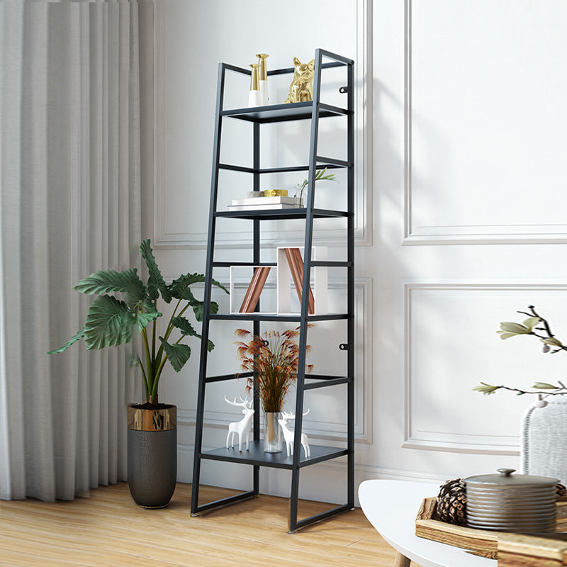 Modern Bookshelf Ladder Metal Open Back Shelf Bookcase with Shelves for Living Room 16"L x 14"W x 58"H Black Clearhalo 'Bookcases' 'furn' 'furn_bookcases' 'Furniture' 'Office Furniture' 6157482