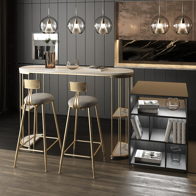 Glam Oval Bar Table Set 1/3 Pieces Stone Counter Table with Upholstered Stools 3 Pieces: White Gold Table, 2 Gray Stools Clearhalo 'Bar Furniture' 'furn' 'furn_home_bar_bar_sets' 'Furniture' 'Home Bars & Bar Sets' 'home_bar_bar_sets' 'Kitchen & Dining Furniture' 6158098