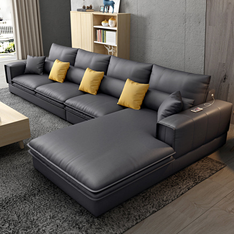 Contemporary Stationary Faux Leather Recessed Arm Pillows Sofa Chaise