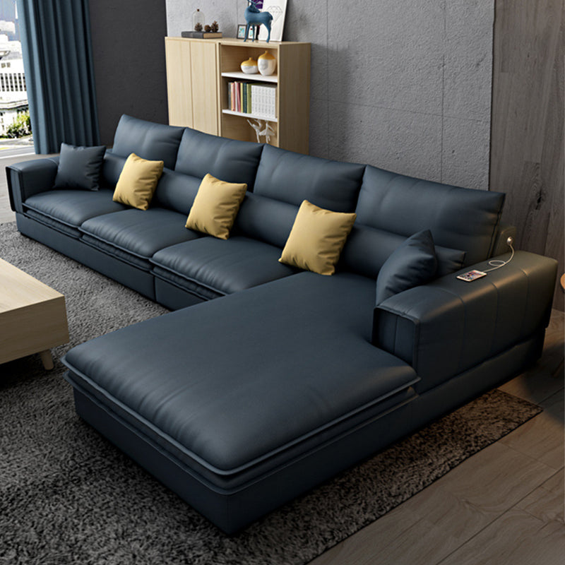 Contemporary Stationary Faux Leather Recessed Arm Pillows Sofa Chaise