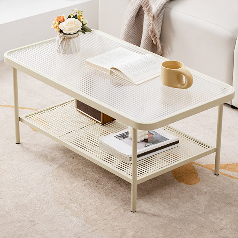 Rectangle Glass Coffee Table 15.75"H Sled Cocktail Table with Shelf 35.5"L x 20"W x 16"H White Clearhalo 'Coffee & Accent Tables' 'Coffee Tables' 'coffee_tables' 'furn' 'furn_coffee_tables' 'Furniture' 'Living Room Furniture' 6159369