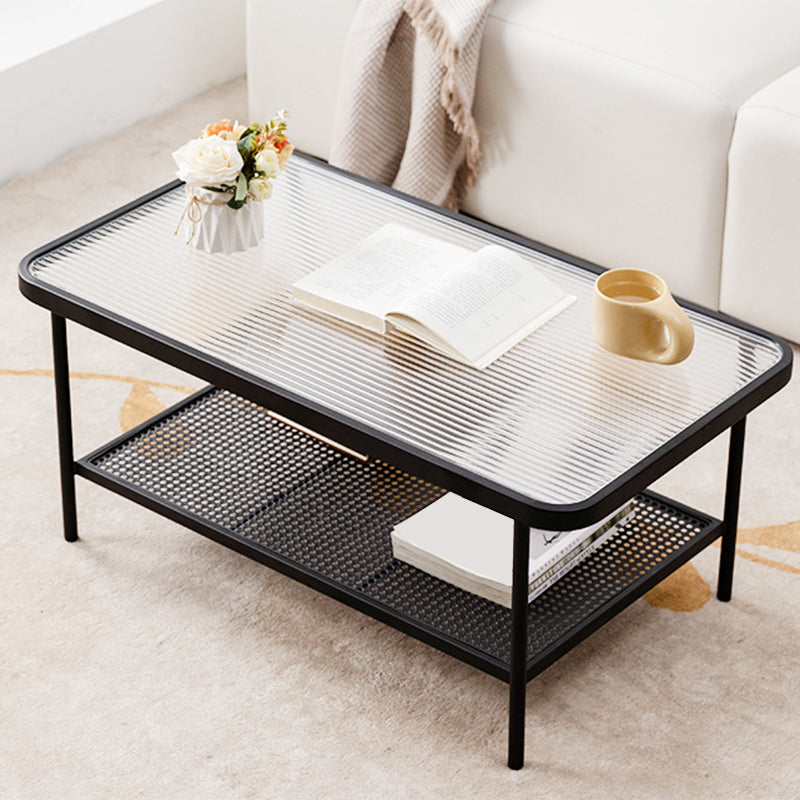 Rectangle Glass Coffee Table 15.75"H Sled Cocktail Table with Shelf 35.5"L x 20"W x 16"H Black Clearhalo 'Coffee & Accent Tables' 'Coffee Tables' 'coffee_tables' 'furn' 'furn_coffee_tables' 'Furniture' 'Living Room Furniture' 6159370