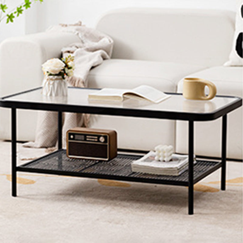 Rectangle Glass Coffee Table 15.75"H Sled Cocktail Table with Shelf 43"L x 20"W x 16"H Black Clearhalo 'Coffee & Accent Tables' 'Coffee Tables' 'coffee_tables' 'furn' 'furn_coffee_tables' 'Furniture' 'Living Room Furniture' 6159378