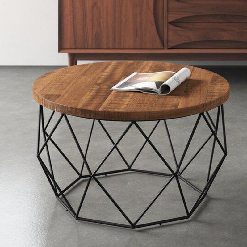 Contemporary Wooden Top Round Coffee Table with Black Metal Frame Base