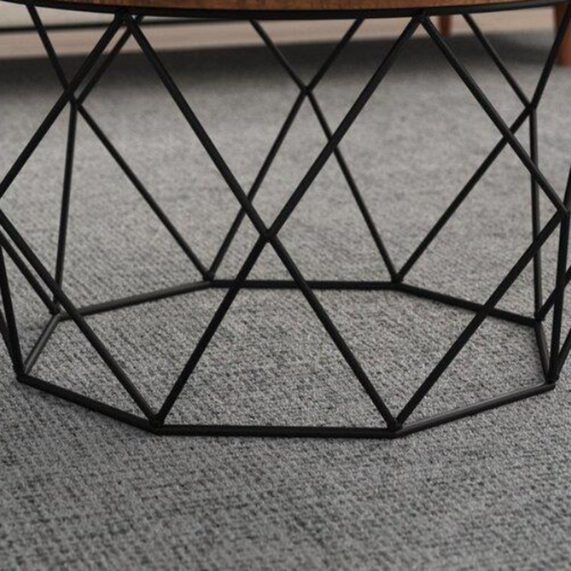 Contemporary Wooden Top Round Coffee Table with Black Metal Frame Base