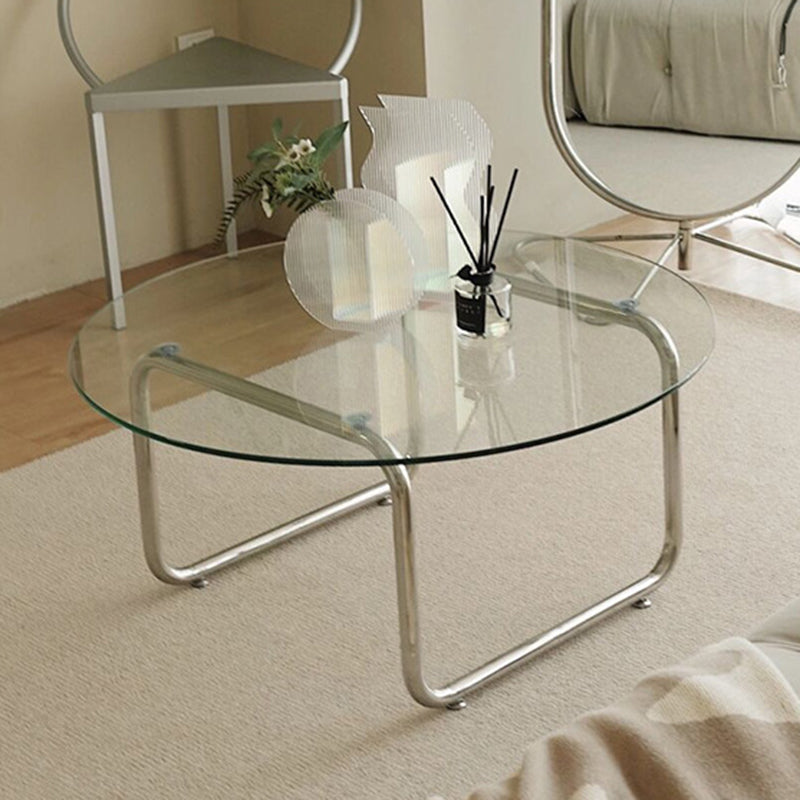 Contemporary Round Glass Top Cocktail Table with Sled Steel Base Clearhalo 'Coffee & Accent Tables' 'Coffee Tables' 'coffee_tables' 'furn' 'furn_coffee_tables' 'Furniture' 'Living Room Furniture' 6159433