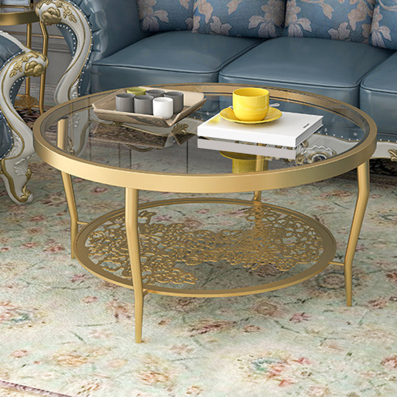Contemporary Round Glass Top Coffee Table with Iron 4 Legs and Shelf 35.4"L x 35.4"W x 17.7"H Clearhalo 'Coffee & Accent Tables' 'Coffee Tables' 'coffee_tables' 'furn' 'furn_coffee_tables' 'Furniture' 'Living Room Furniture' 6159523
