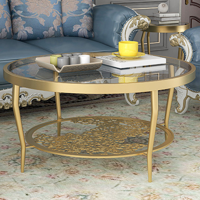 Contemporary Round Glass Top Coffee Table with Iron 4 Legs and Shelf 41.5"L x 41.5"W x 18"H Clearhalo 'Coffee & Accent Tables' 'Coffee Tables' 'coffee_tables' 'furn' 'furn_coffee_tables' 'Furniture' 'Living Room Furniture' 6159525