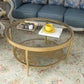 Contemporary Round Glass Top Coffee Table with Iron 4 Legs and Shelf 28"L x 28"W x 18"H Clearhalo 'Coffee & Accent Tables' 'Coffee Tables' 'coffee_tables' 'furn' 'furn_coffee_tables' 'Furniture' 'Living Room Furniture' 6159526