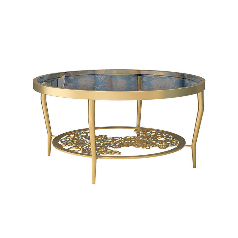 Contemporary Round Glass Top Coffee Table with Iron 4 Legs and Shelf Clearhalo 'Coffee & Accent Tables' 'Coffee Tables' 'coffee_tables' 'furn' 'furn_coffee_tables' 'Furniture' 'Living Room Furniture' 6159527