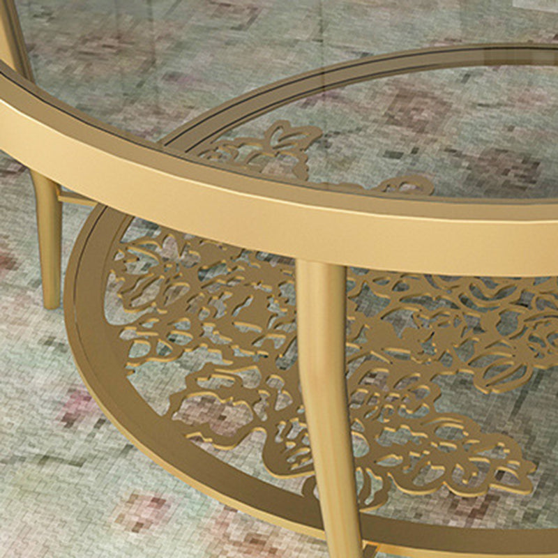 Contemporary Round Glass Top Coffee Table with Iron 4 Legs and Shelf Clearhalo 'Coffee & Accent Tables' 'Coffee Tables' 'coffee_tables' 'furn' 'furn_coffee_tables' 'Furniture' 'Living Room Furniture' 6159528