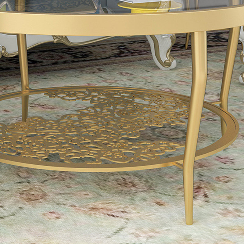 Contemporary Round Glass Top Coffee Table with Iron 4 Legs and Shelf Clearhalo 'Coffee & Accent Tables' 'Coffee Tables' 'coffee_tables' 'furn' 'furn_coffee_tables' 'Furniture' 'Living Room Furniture' 6159530