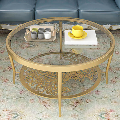 Contemporary Round Glass Top Coffee Table with Iron 4 Legs and Shelf 24"L x 24"W x 18"H Clearhalo 'Coffee & Accent Tables' 'Coffee Tables' 'coffee_tables' 'furn' 'furn_coffee_tables' 'Furniture' 'Living Room Furniture' 6159531