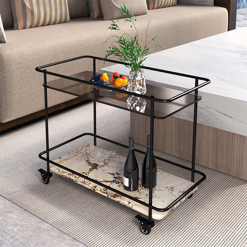 Modern Glass Top End Table with Casters Rectangular 25.6" W Shelf Included Side Table Gray-Brown 1 Clearhalo 'Coffee & Accent Tables' 'End & Side Tables' 'end_side_tables' 'furn' 'furn_end_side_tables' 'Furniture' 'Living Room Furniture' 6160067