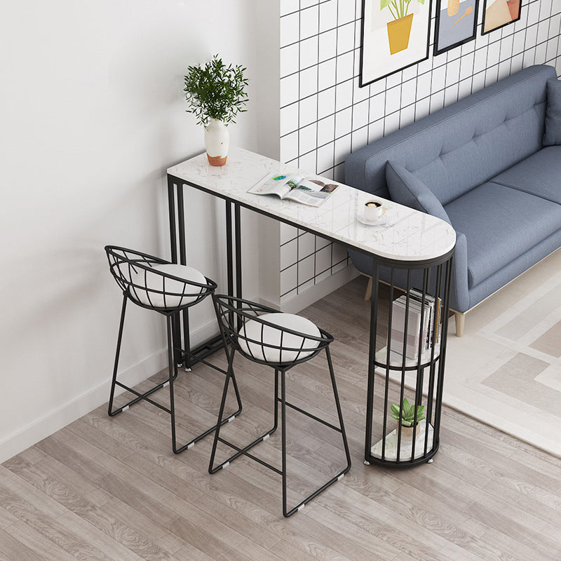 White Marble Bar Dining Table Glam Double Pedestal Bar Height Table 63"L x 15.7"W x 41.3"H Black Without Chairs Clearhalo 'Bar Furniture' 'Bar Tables' 'bar_tables' 'furn' 'furn_bar_tables' 'Furniture' 'Kitchen & Dining Furniture' 6162281