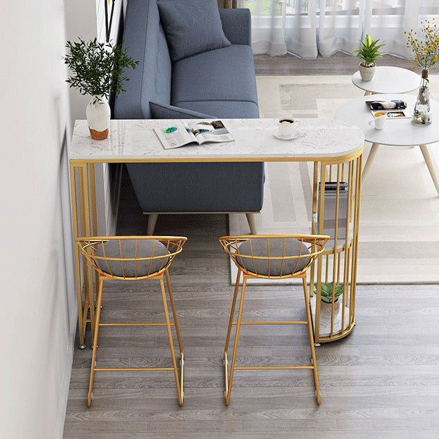 White Marble Bar Dining Table Glam Double Pedestal Bar Height Table 63"L x 15.7"W x 41.3"H Gold Without Chairs Clearhalo 'Bar Furniture' 'Bar Tables' 'bar_tables' 'furn' 'furn_bar_tables' 'Furniture' 'Kitchen & Dining Furniture' 6162282