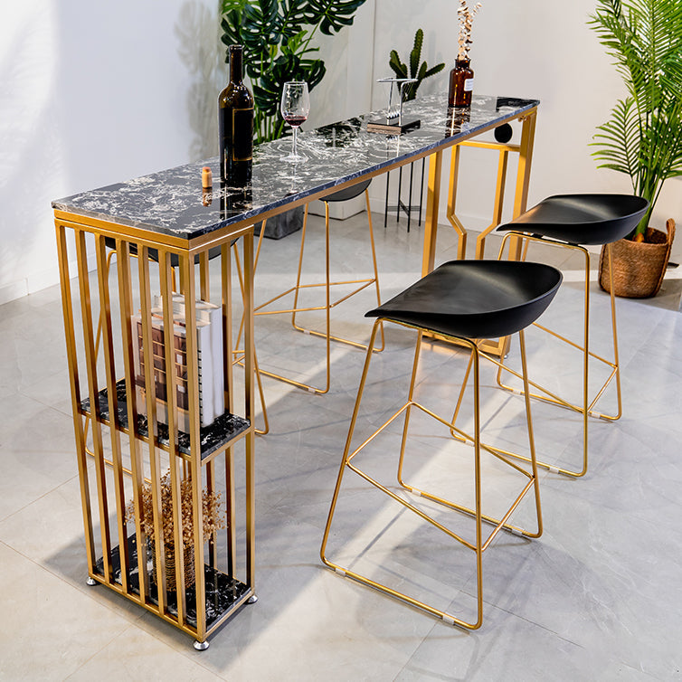 Faux Marble Bistro Table 2-shelf Rectangle Bar Height Cocktail Table with Metal Base Black Without Chairs Clearhalo 'Bar Furniture' 'Bar Tables' 'bar_tables' 'furn' 'furn_bar_tables' 'Furniture' 'Kitchen & Dining Furniture' 6162435