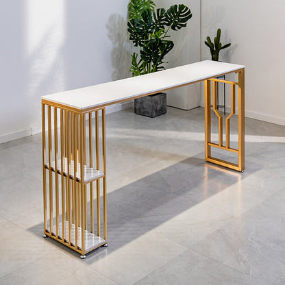 Faux Marble Bistro Table 2-shelf Rectangle Bar Height Cocktail Table with Metal Base White Without Chairs Clearhalo 'Bar Furniture' 'Bar Tables' 'bar_tables' 'furn' 'furn_bar_tables' 'Furniture' 'Kitchen & Dining Furniture' 6162441
