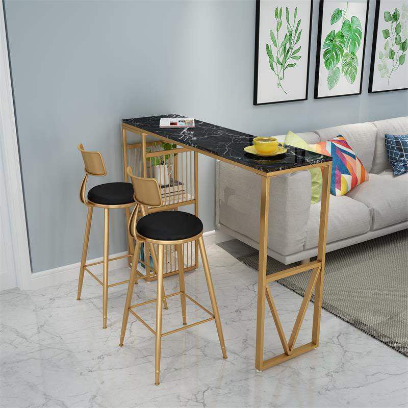 Rectangle Pedestal Bar Table Faux Marble Bar Height Pub Table with Shelves Black-Gold Without Chairs Clearhalo 'Bar Furniture' 'Bar Tables' 'bar_tables' 'furn' 'furn_bar_tables' 'Furniture' 'Kitchen & Dining Furniture' 6162465