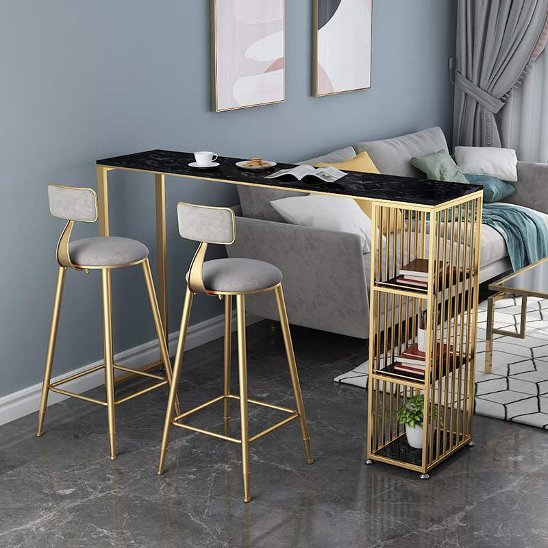 Glam Rectangle Pub Table 3-shelf Faux Marble Bar Height Table with Metal Base 70.9"L x 15.7"W x 41.3"H Black Without Chairs Clearhalo 'Bar Furniture' 'Bar Tables' 'bar_tables' 'furn' 'furn_bar_tables' 'Furniture' 'Kitchen & Dining Furniture' 6162479