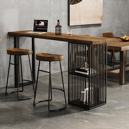 Industrial Bar Table Black Iron Solid Wood Pub Height Dining Table with 2 Shelve