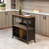 Modern Rolling Kitchen Cart Wood Rectangular Kitchen Island Cart with Wine Rack
