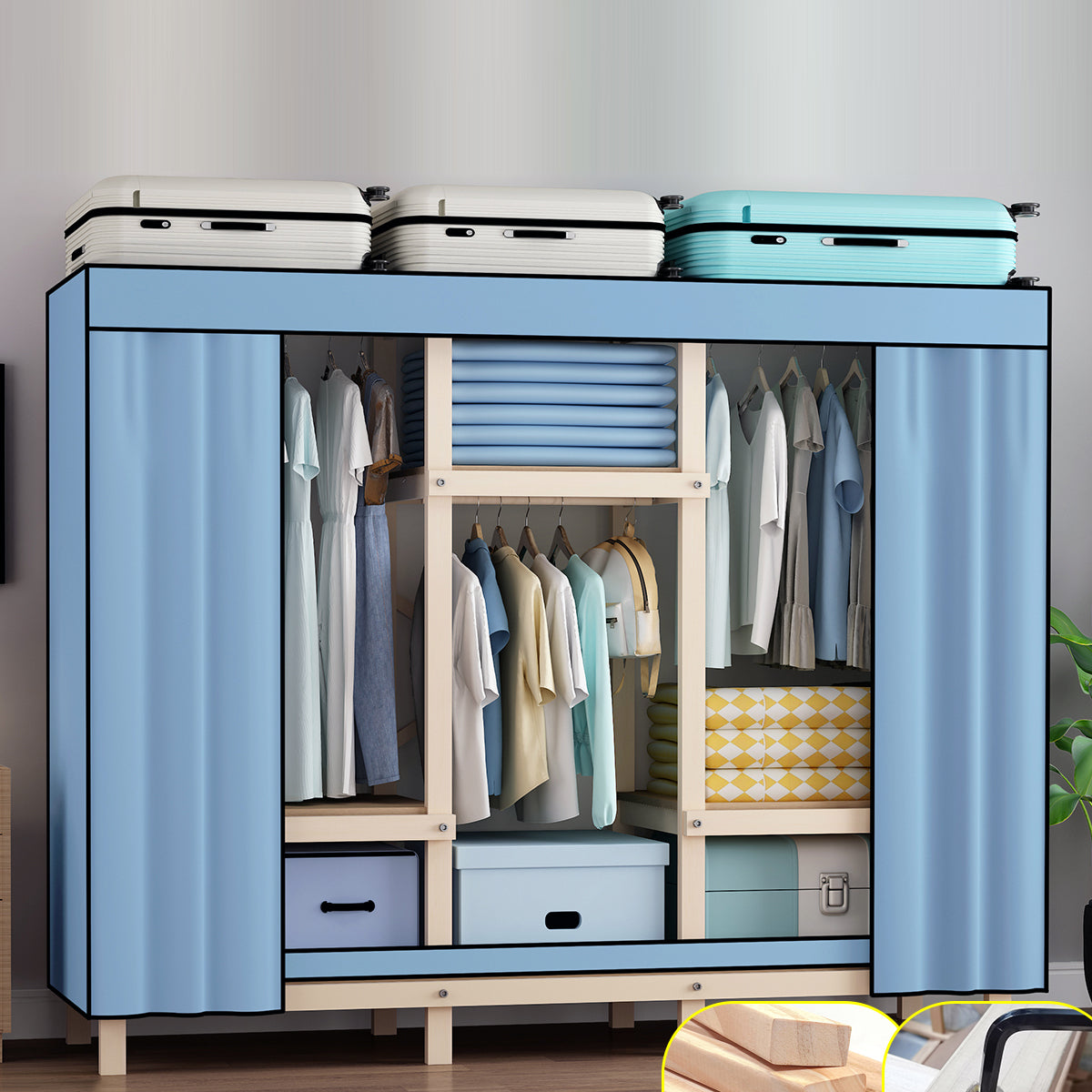 Contemporary Style Wardrobe Pine Solid Wood 1-Door Wardrobe Closet for Bedroom 79"L x 18"W x 66"H Blue Clearhalo 'Armoires & Wardrobes' 'armoires_wardrobes' 'Bedroom Furniture' 'furn' 'furn_armoires_wardrobes' 'Furniture' 6165888