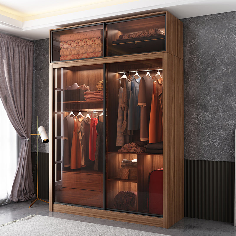 Chambre coulissante armoire brune moderne avec portes en verre