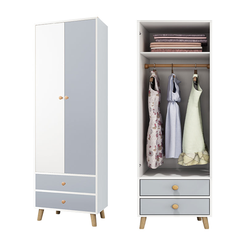 Bedroom Hinged Door Wardrobe with Wooden Legs Modern Cabinet with Clothes Rail Gray-White 2 Clearhalo 'Armoires & Wardrobes' 'armoires_wardrobes' 'Bedroom Furniture' 'furn' 'furn_armoires_wardrobes' 'Furniture' 6166470