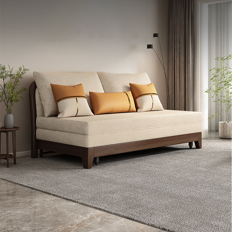 Linen Armless Sofa Bed with Pillow Back Solid Wood Sofa Bed in Beige