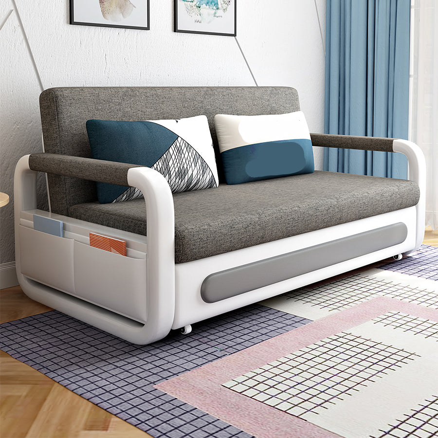 Divano letto convertibile in lino con bracci quadrati e conservazione in grigio