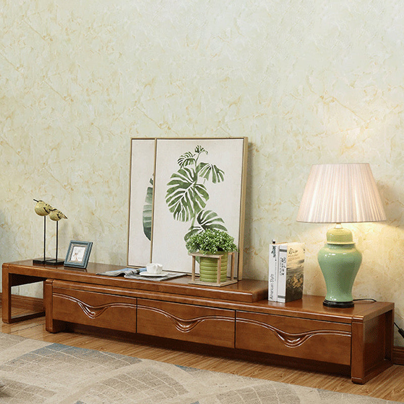 Soporte tradicional para TV, consola de soporte para TV de madera de caucho con cajones