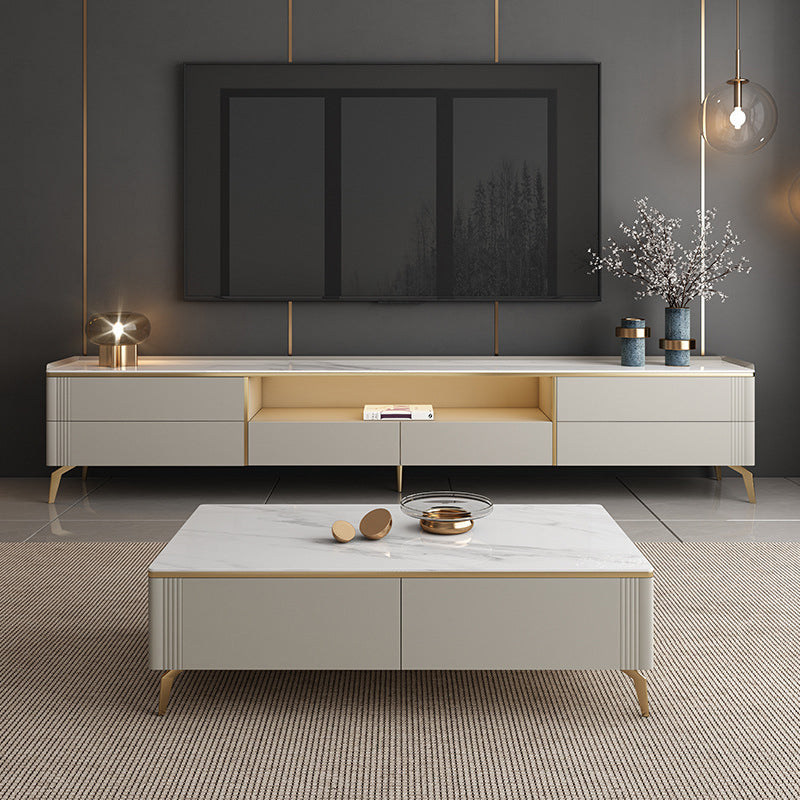 Glam Stone TV Stand Console Open Storage TV Media Stand with Drawers for Living Room Clearhalo 'furn' 'furn_tv_stands_entertainment_centers' 'Furniture' 'Living Room Furniture' 'TV Stands & Entertainment Centers' 'TV Stands & Media Storage Furniture' 'tv_stands_entertainment_centers' 6167564