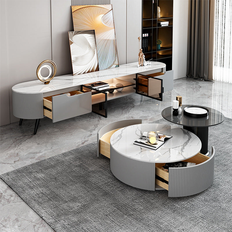 Console TV contemporanea, supporto TV in finto legno con 2 cassetti