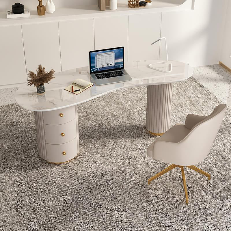 23" Wide Glam Executive Desk White 3-drawer Office Desk with Metal Legs 55.1"L x 23.6"W x 29.5"H Clearhalo 'furn' 'furn_office_desk' 'Furniture' 'Office Desks' 'Office Furniture' 'office_desk' 6168727