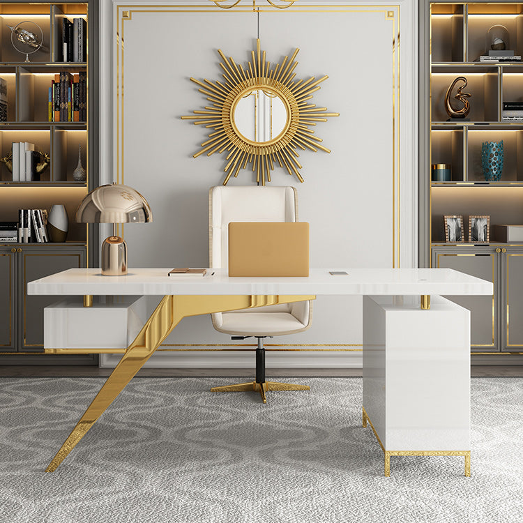 Black and White Writing Desk Glass Office Desk Pedestal with File Cabinet 55.1"L x 27.6"W x 29.5"H White Clearhalo 'furn' 'furn_office_desk' 'Furniture' 'Office Desks' 'Office Furniture' 'office_desk' 6168787