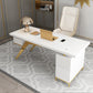 Black and White Writing Desk Glass Office Desk Pedestal with File Cabinet 70.9"L x 27.6"W x 29.5"H White Clearhalo 'furn' 'furn_office_desk' 'Furniture' 'Office Desks' 'Office Furniture' 'office_desk' 6168788