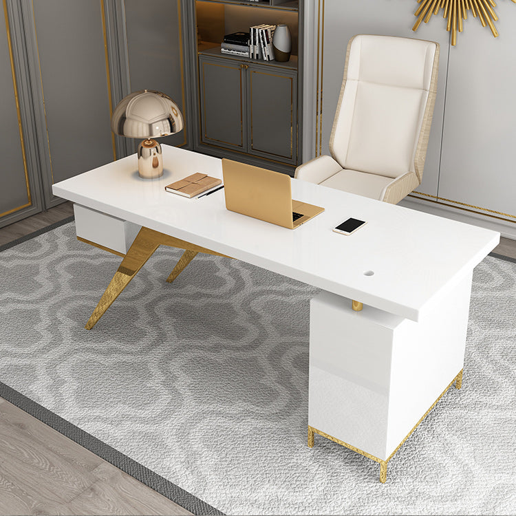 Black and White Writing Desk Glass Office Desk Pedestal with File Cabinet 70.9"L x 27.6"W x 29.5"H White Clearhalo 'furn' 'furn_office_desk' 'Furniture' 'Office Desks' 'Office Furniture' 'office_desk' 6168788