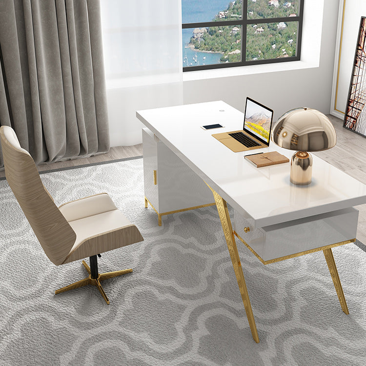 Black and White Writing Desk Glass Office Desk Pedestal with File Cabinet Clearhalo 'furn' 'furn_office_desk' 'Furniture' 'Office Desks' 'Office Furniture' 'office_desk' 6168789