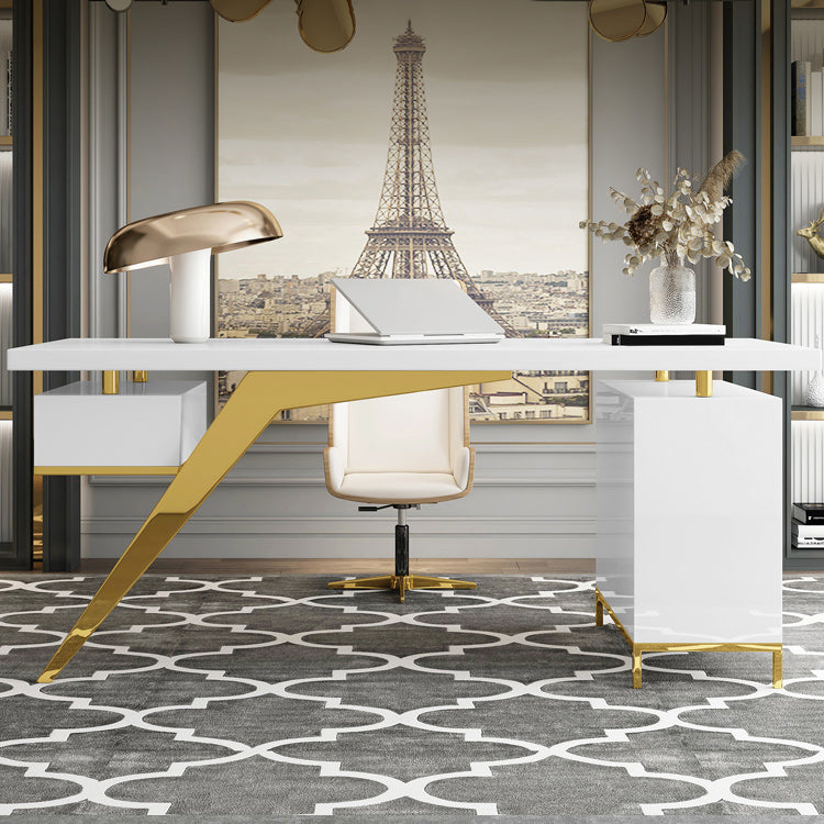 Black and White Writing Desk Glass Office Desk Pedestal with File Cabinet 63"L x 27.6"W x 29.5"H White Clearhalo 'furn' 'furn_office_desk' 'Furniture' 'Office Desks' 'Office Furniture' 'office_desk' 6168790