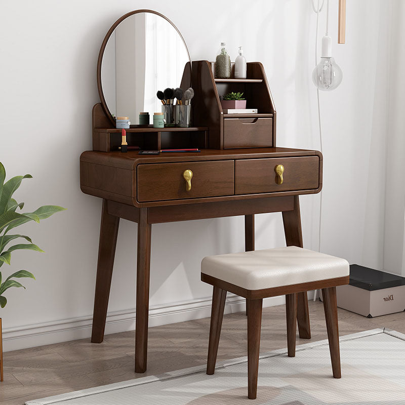 Solid Wood Makeup Counter 3 Drawer Vanity Dressing Table With Stool Makeup Vanity & Mirror & Stools Walnut Clearhalo 'Bedroom Furniture' 'furn' 'furn_makeup_vanities' 'Furniture' 'Makeup Vanities' 'makeup_vanities' 6174128