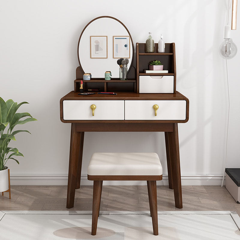 Solid Wood Makeup Counter 3 Drawer Vanity Dressing Table With Stool Makeup Vanity & Mirror & Stools Walnut White Clearhalo 'Bedroom Furniture' 'furn' 'furn_makeup_vanities' 'Furniture' 'Makeup Vanities' 'makeup_vanities' 6174136