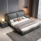 Contemporary Grey Leather Upholstered Standard Bed, Rectangular Panel Bed