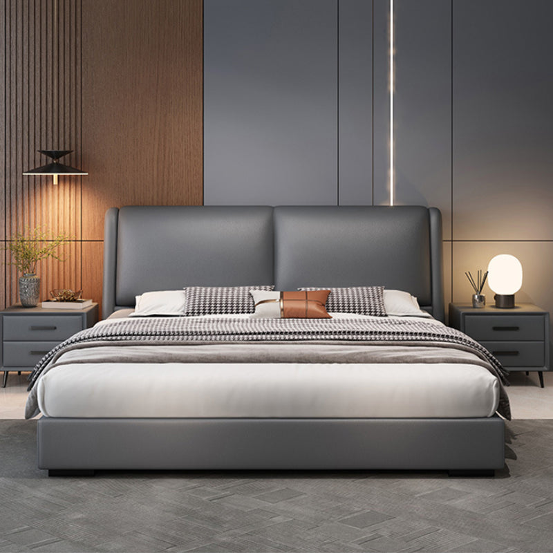 Contemporary Grey Leather Upholstered Standard Bed, Rectangular Panel Bed