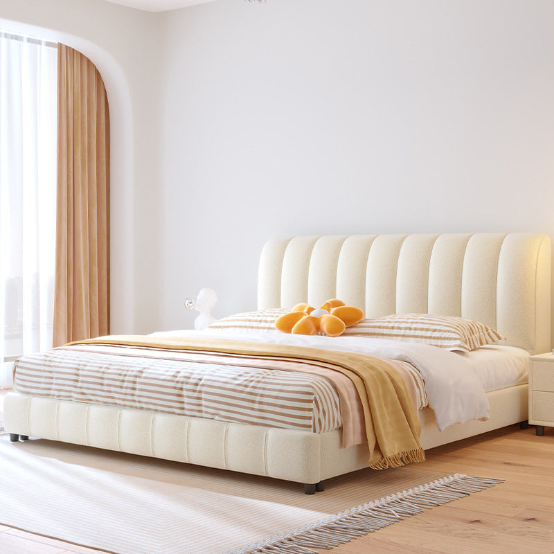 Contemporary White Wood Standard Bed, Upholstered Rectangular Headboard Bed