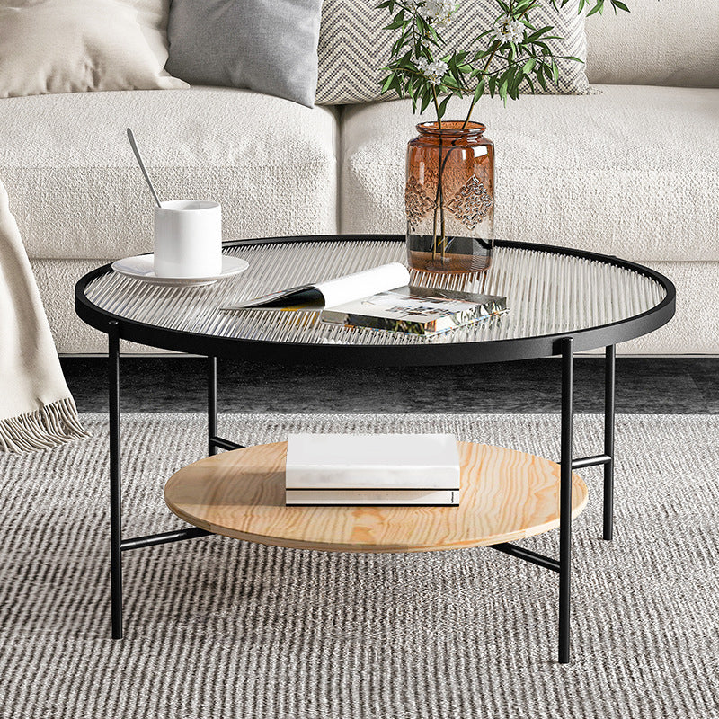 Contemporary 4 Legs Glass Top with Storage Shelf Round Single Coffee Table Natural Wood Black Clearhalo 'Coffee & Accent Tables' 'Coffee Tables' 'coffee_tables' 'furn' 'furn_coffee_tables' 'Furniture' 'Living Room Furniture' 6175059