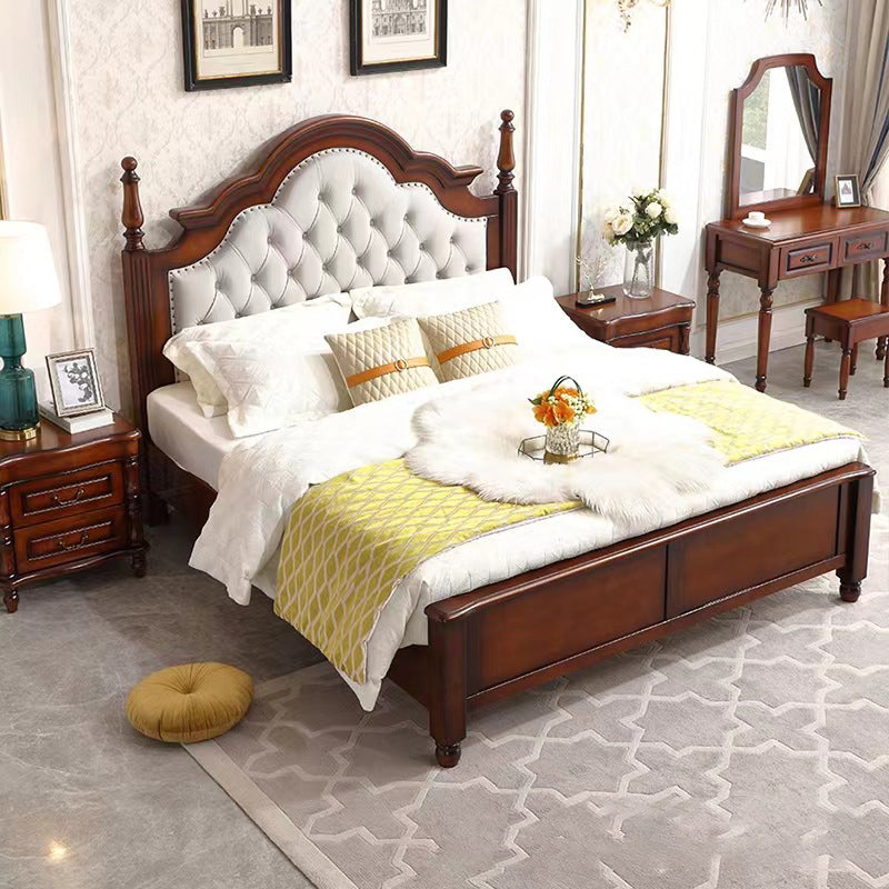 84.65 inch Wide Victorian Bed Frame Pine Wood Bed with Upholstered Headboard Clearhalo 'Bedroom Furniture' 'Beds' 'furn' 'furn_beds' 'Furniture' 6175180
