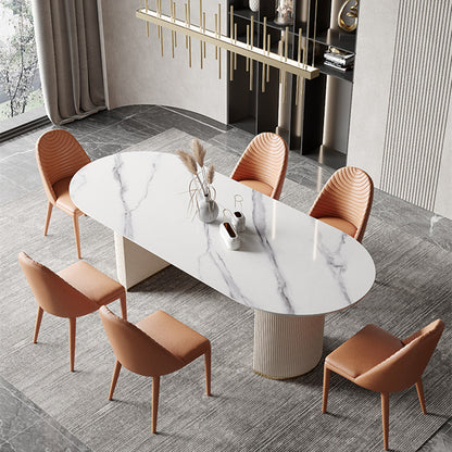 Oval Shape Fixed Kitchen Table Luxury Sintered Stone Double Pedestal Table White Without Chairs Clearhalo 'Dining Tables & Seating' 'Dining Tables' 'dining_table' 'furn' 'furn_dining_table' 'Furniture' 'Kitchen & Dining Furniture' 6175611